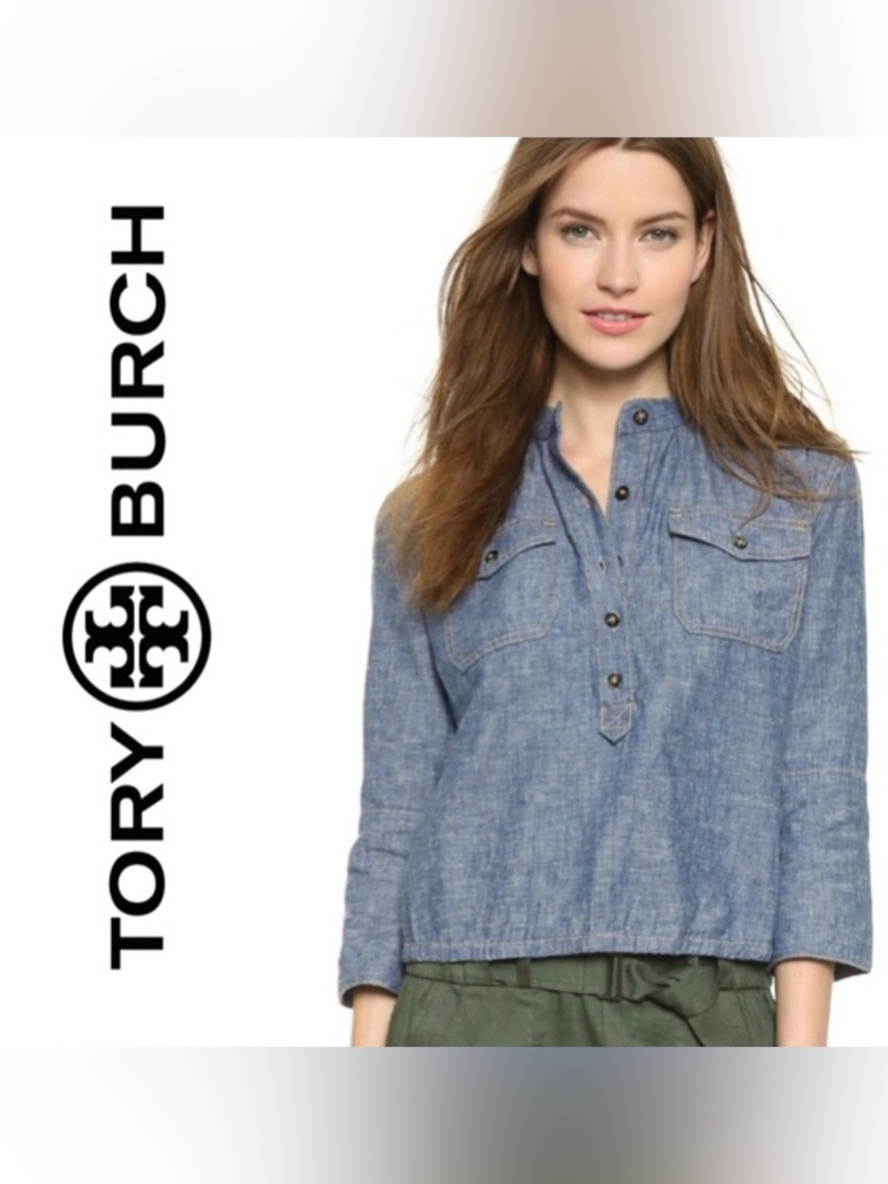 Tory Burch Chambray Linen Cotton Cropped Popover Blouse Size 0 Blue